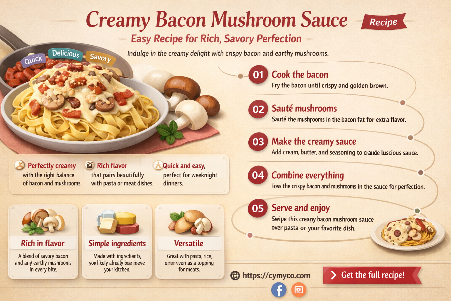how to make creamy bacon and mushroom sauce