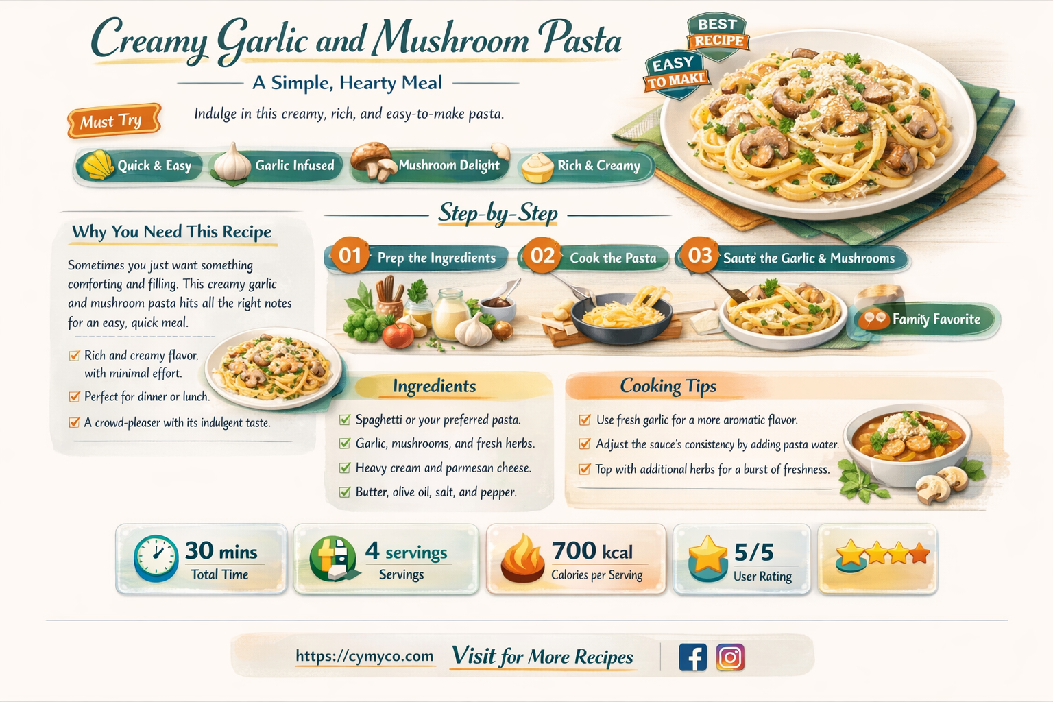 how to make creamy garlic and mushroom pasta