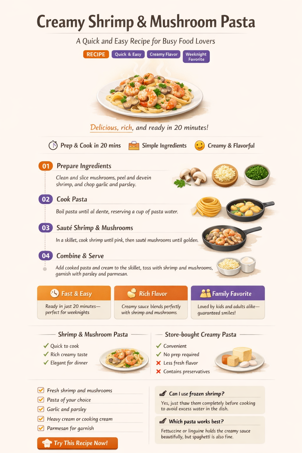 how to make creamy shrimp and mushroom pasta