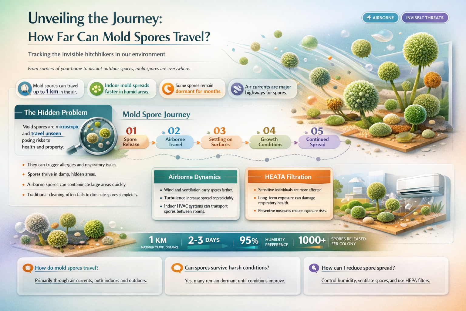 how far can mold spores travel